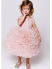 Cap Sleeves Beaded Pink Tulle Ruffle Flower Girl Dress